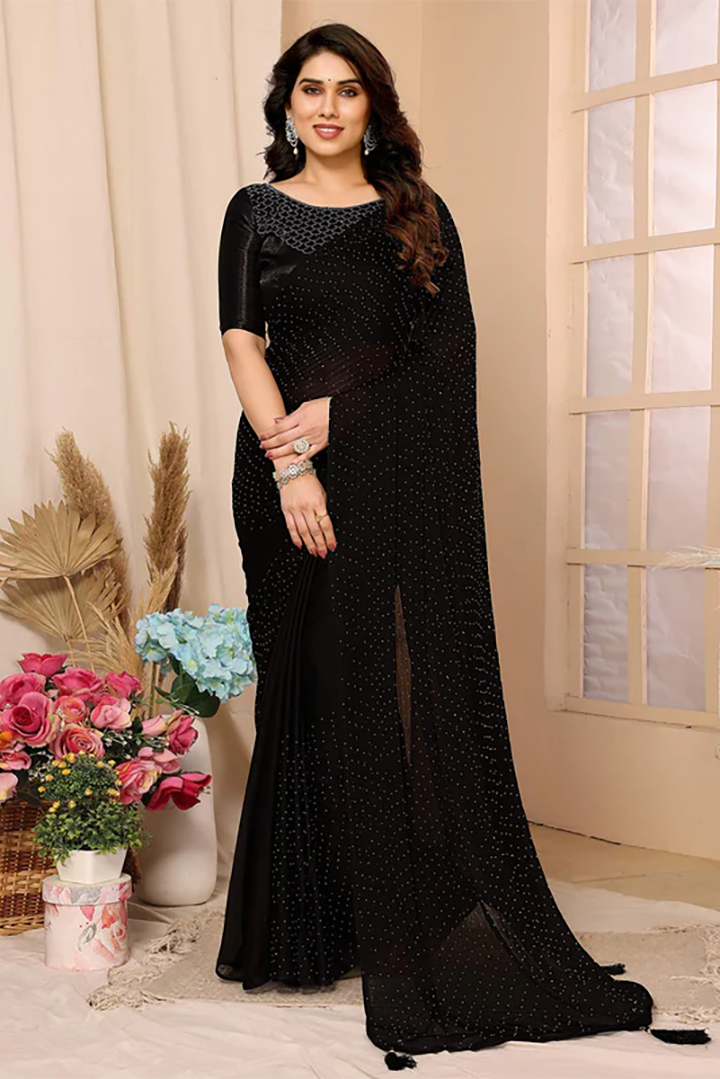 saree1 Satin Chiffon Saree With Tassels - Image 1